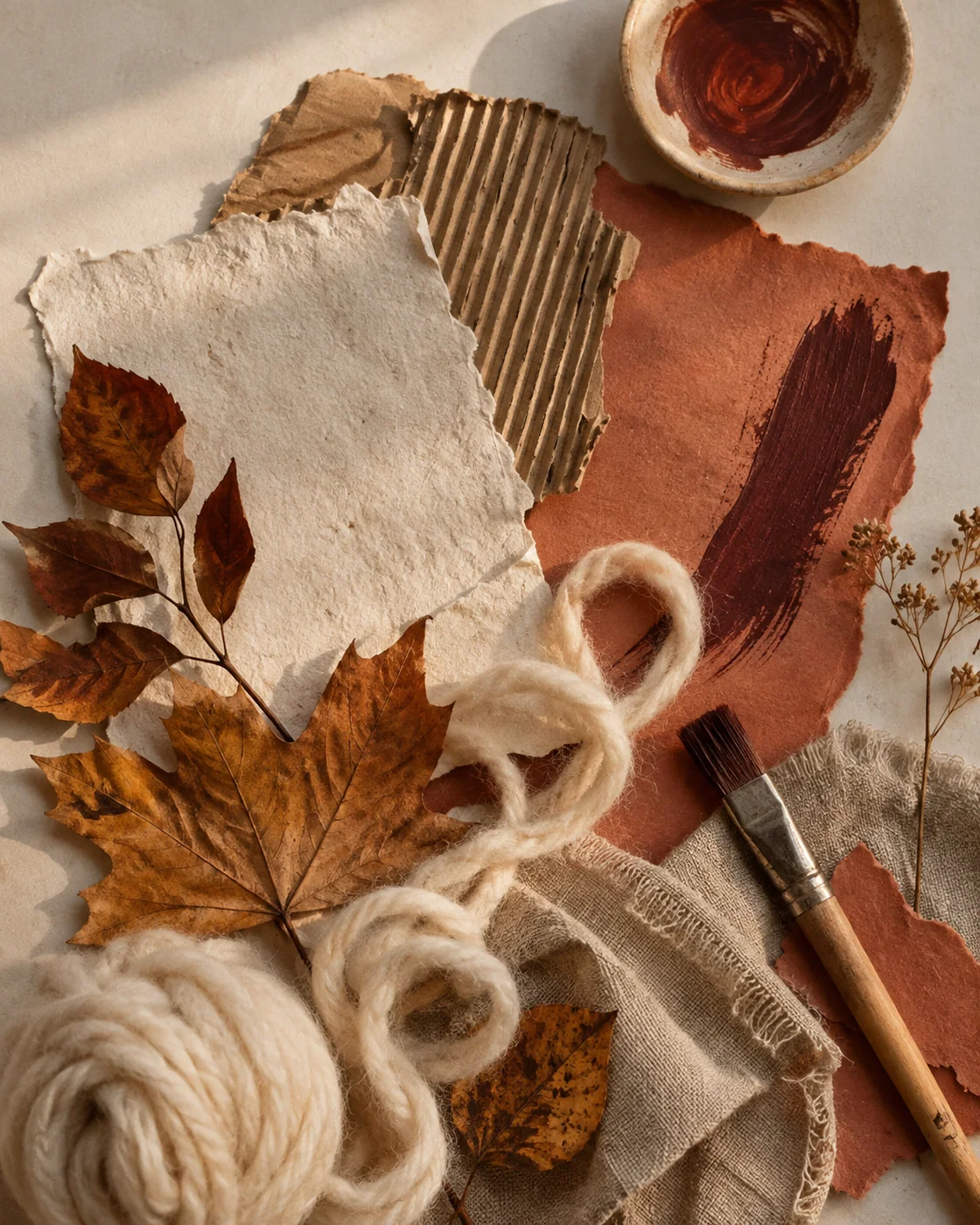 Material zum Malen: Papier, Pappe, Wollfäden, Stoff, Herbstblätter und ein Pinsel.